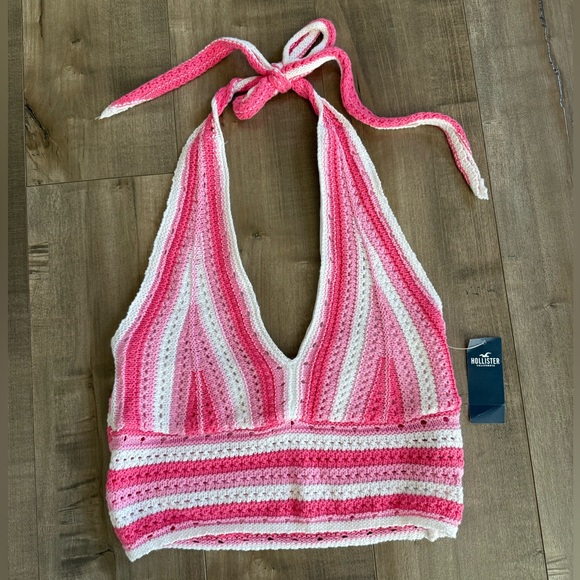 Hollister Tops - NEW Hollister Crochet Crop Top Bralette‎ Medium Halter Tie Neck Pink Lined
